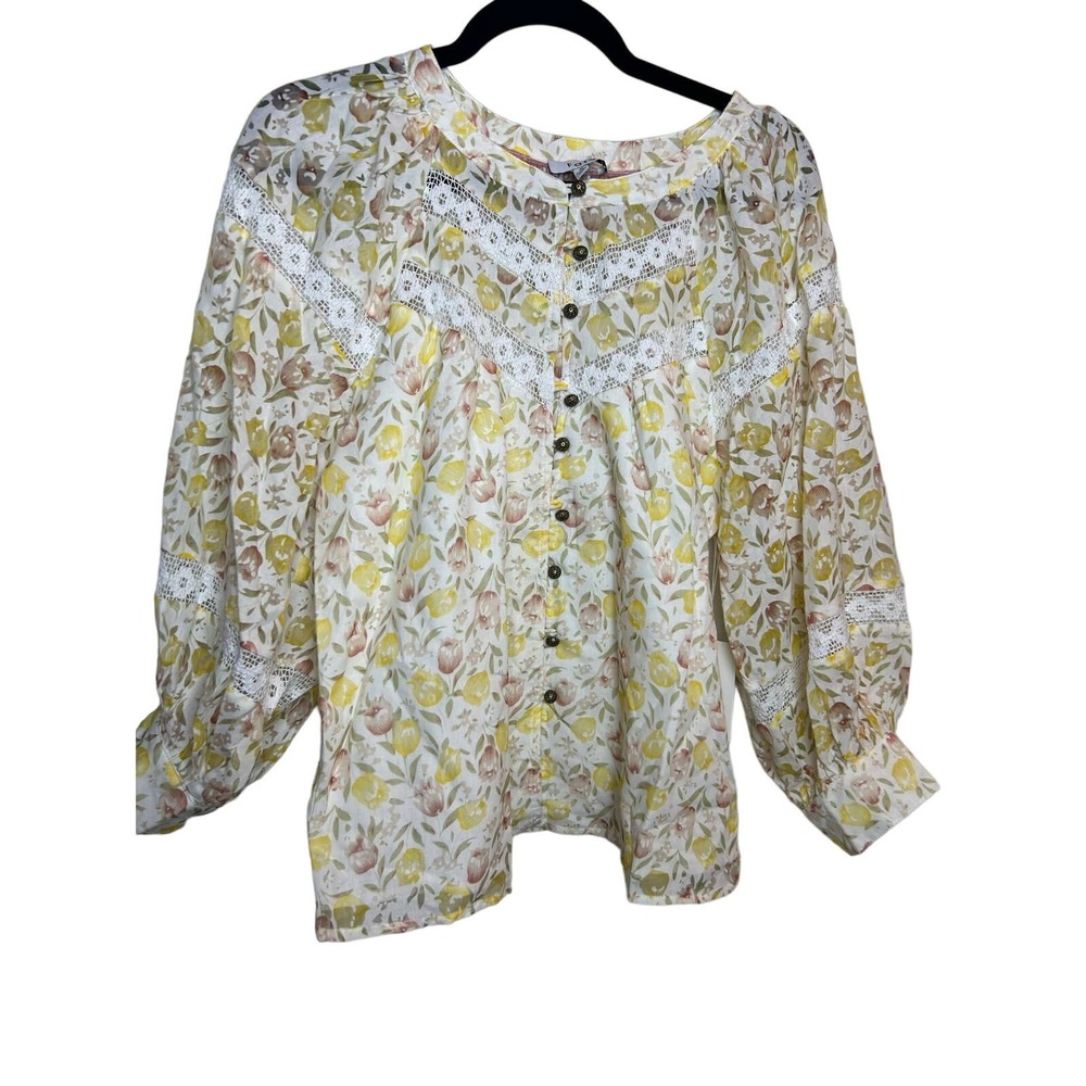 Fate Yellow Brown Floral Blouse Size Small Lace Cottage Grandma Delicate